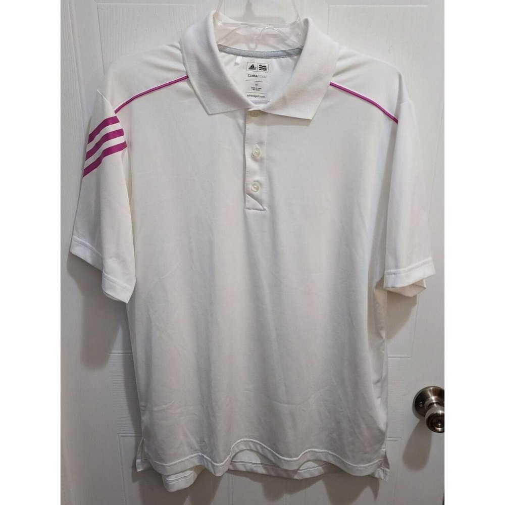 Adidas Golf ClimaCool White Pink Striped Short Sleeve Polo Shirt Sz M Polyester‎
